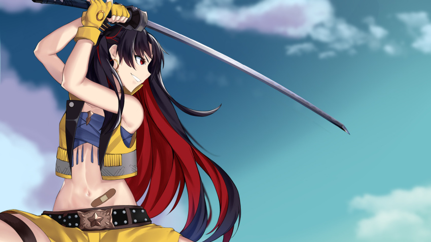 1girl bangs bare_shoulders belt black_hair blue_bandeau blue_sky breasts cropped_vest earrings fate/grand_order fate_(series) fingerless_gloves gloves grin hair_ribbon highres hoop_earrings ishtar_(fate) jewelry katana long_hair medium_breasts mrnn multicolored_hair navel parted_bangs red_eyes red_hair ribbon short_shorts shorts sky smile space_ishtar_(fate) sword tiara two-tone_hair two_side_up vest weapon yellow_gloves yellow_shorts yellow_vest