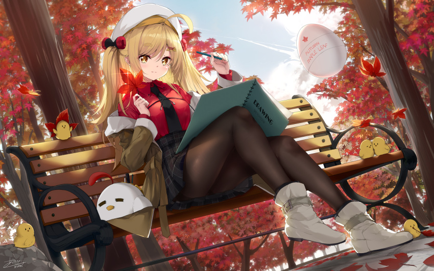 1girl ahoge artist_name asahi_kuroi autumn autumn_leaves belt_boots bench beret bird black_skirt blonde_hair boots brown_jacket chick chicken collared_shirt day egg hat highres jacket long_sleeves open_clothes open_jacket original pantyhose park_bench pencil red_shirt shirt sitting_on_bench sketchbook skirt tree white_footwear white_headwear