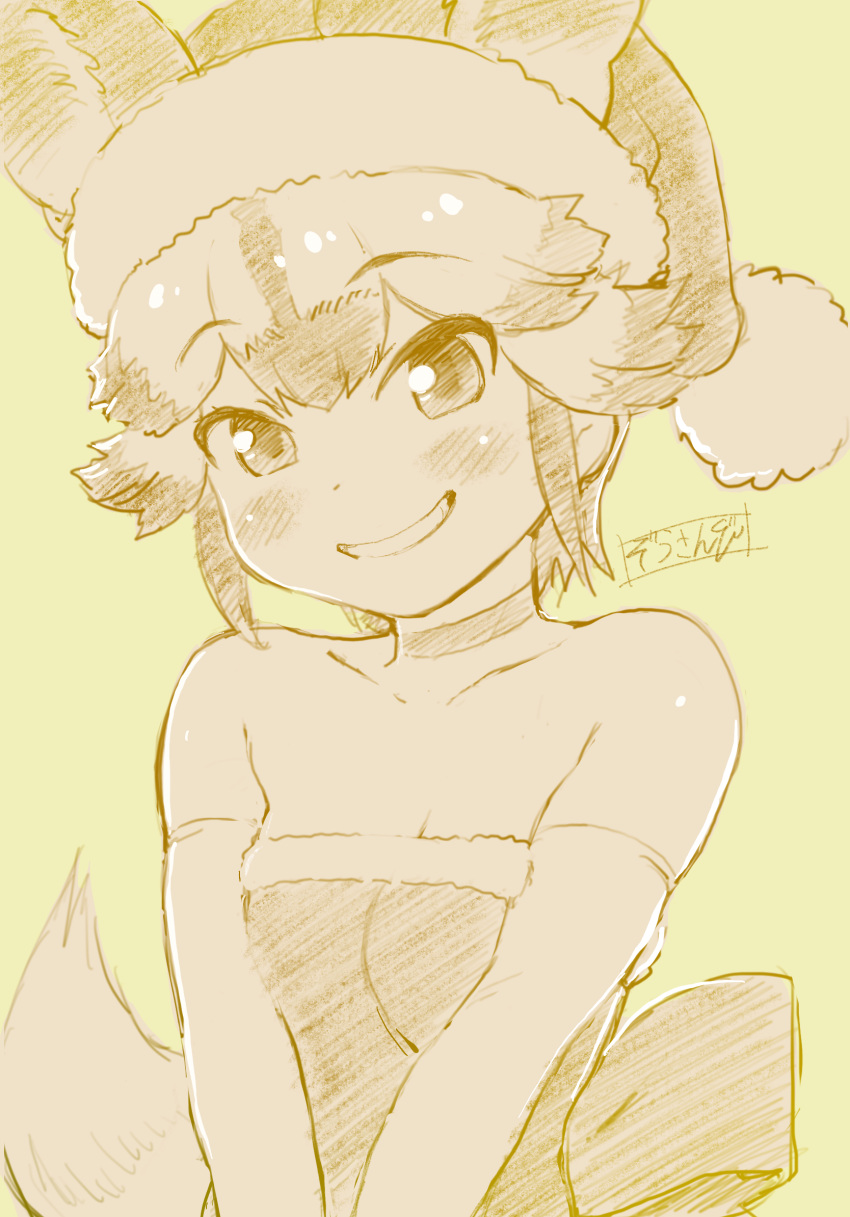 1girl african_wild_dog_(kemono_friends) alternate_costume animal_ears bare_shoulders blush breasts choker collarbone commentary_request dog_ears dress ears_through_headwear elbow_gloves extra_ears eyebrows_visible_through_hair fur-trimmed_dress fur-trimmed_headwear fur_trim gloves grin hat highres kemono_friends looking_at_viewer masuyama_ryou monochrome pom_pom_(clothes) santa_hat short_hair simple_background sketch small_breasts smile solo strapless strapless_dress upper_body v_arms yellow_background yellow_theme