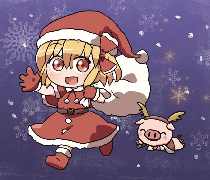 1girl :d ^_^ bangs bell belt blonde_hair boots bow closed_eyes deer_antlers eyebrows_visible_through_hair full_body gloves gradient gradient_background hair_bow hat holding holding_sack looking_at_viewer open_mouth pig purple_background red_bow red_eyes red_headwear rokugou_daisuke rumia sack santa_boots santa_costume santa_gloves santa_hat short_hair smile snowflakes touhou touhou_cannonball