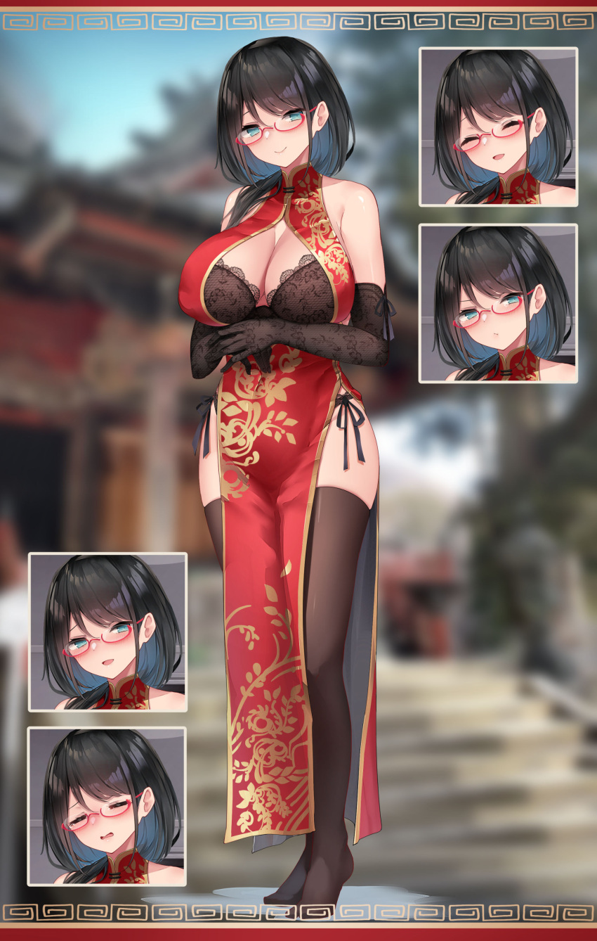 1girl absurdres bare_shoulders black_bra black_gloves black_hair black_legwear blue_eyes blurry bra breasts china_dress chinese_clothes cleavage commentary depth_of_field dress elbow_gloves expressions full_body glasses gloves gold_trim highres lace-trimmed_bra lace_trim large_breasts long_hair looking_at_viewer no_shoes original osisio panties pelvic_curtain print_dress red-framed_eyewear red_dress semi-rimless_eyewear side-tie_panties side-tie_peek sleeveless sleeveless_dress smile solo standing string_panties symbol-only_commentary thighhighs thighs under-rim_eyewear underwear