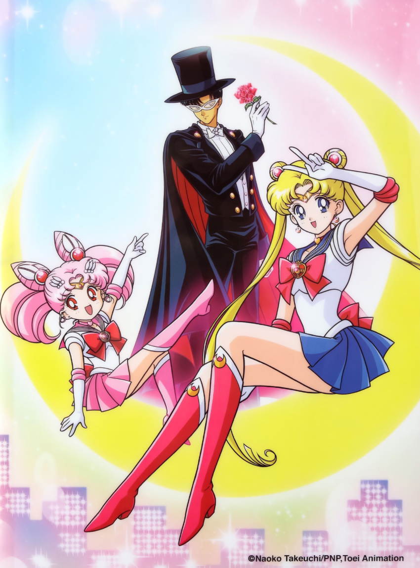 1990s_(style) 1boy 2girls :d arm_up bishoujo_senshi_sailor_moon black_hair black_headwear blonde_hair blue_eyes blue_sailor_collar blue_skirt boots chiba_mamoru chibi_usa copyright crescent crescent_earrings crescent_moon double_bun earrings flower gloves hair_ornament happy hat highres holding holding_flower jewelry knee_boots leotard long_hair long_sleeves looking_at_viewer magical_girl mask miniskirt moon multiple_girls official_art open_mouth pink_footwear pink_hair pink_sailor_collar pink_skirt pleated_skirt red_eyes red_flower red_rose retro_artstyle rose sailor_chibi_moon sailor_collar sailor_moon sailor_senshi_uniform skirt smile tiara top_hat tsukino_usagi tuxedo tuxedo_kamen twintails v very_long_hair white_gloves