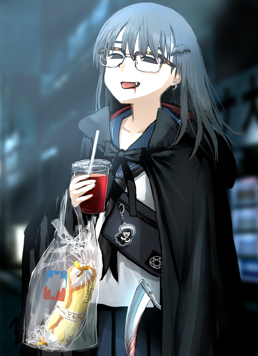 1girl absurdres bag banana bat_hair_ornament black_cloak black_hair blood blurry blurry_background cloak cup drinking_straw fang food fruit giba_ryan glasses hair_ornament highres looking_at_viewer marugoto_banana medium_hair night night_sky original plastic_bag school_uniform scythe sky smile solo tongue urban vampire