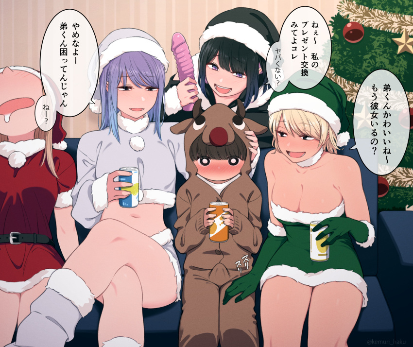 1boy 4girls :d animal_costume bangs bare_shoulders beer_can belt black_hair black_headwear blonde_hair blunt_bangs blush breasts bulge can christmas christmas_tree commentary_request couch cropped_shirt crossed_legs dildo dress drooling erection erection_under_clothes eyebrows_visible_through_hair fur-trimmed_gloves fur-trimmed_headwear fur-trimmed_sleeves fur_trim girl_sandwich gloves green_dress green_gloves green_headwear grey_headwear grey_shirt hand_on_another's_thigh hat highres holding holding_can hood hood_up indoors kemuri_haku large_breasts long_hair long_sleeves looking_at_another midriff multiple_girls navel no_mouth nose_blush o_o original pom_pom_(clothes) purple_eyes purple_hair reindeer_costume sandwiched santa_costume santa_hat sex_toy shirt sitting sleeping smile translation_request you_gonna_get_raped