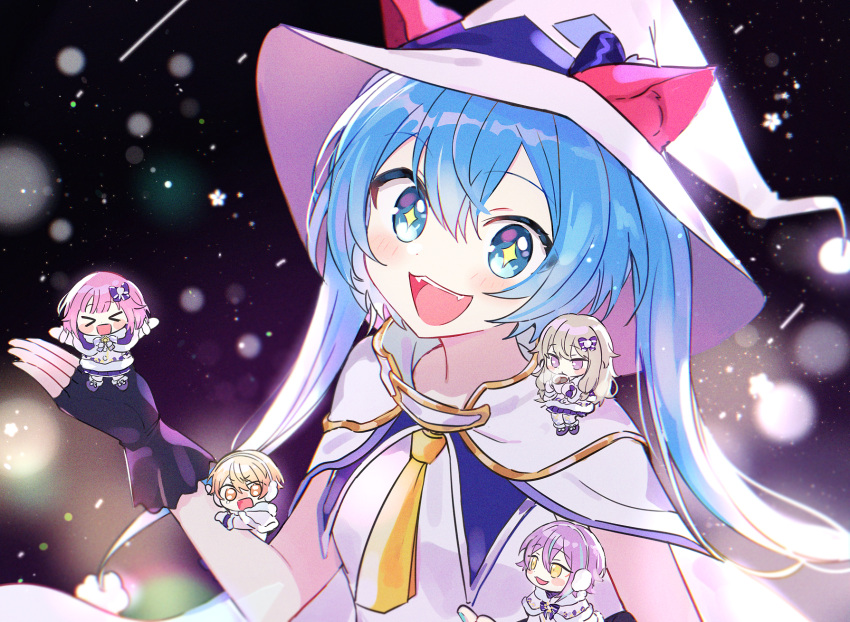 &gt;_&lt; 2boys 3girls animal_ears arms_up bangs bare_arms black_gloves blonde_hair blowing blue_capelet blue_eyes blue_footwear blue_hair blue_ribbon blue_skirt blunt_bangs blush_stickers cape capelet cat_ears chibi chibi_inset chromatic_aberration coat cup dot_nose drink earmuffs eyebrows_visible_through_hair fangs fingerless_gloves fur-trimmed_capelet fur-trimmed_coat fur_trim gloves glowing gold_trim hair_between_eyes hair_ribbon hand_up happy hat hat_with_ears hatsune_miku highres holding holding_cup jumping kamishiro_rui kusanagi_nene legs_together lens_flare light_brown_hair light_particles long_hair low_twintails mittens multicolored_hair multiple_boys multiple_girls neck_ribbon necktie nervous ootori_emu open_mouth orange_eyes pink_hair pjmiyo pleated_skirt pom_pom_(clothes) project_sekai purple_eyes purple_hair ribbon short_hair sitting skirt sparkle star_(symbol) steam streaked_hair sweatdrop symbol-shaped_pupils tenma_tsukasa tsurime twintails vocaloid white_cape white_coat white_headwear white_legwear wide-eyed winter_clothes witch_hat yellow_eyes yellow_necktie yuki_miku yuki_miku_(2014)