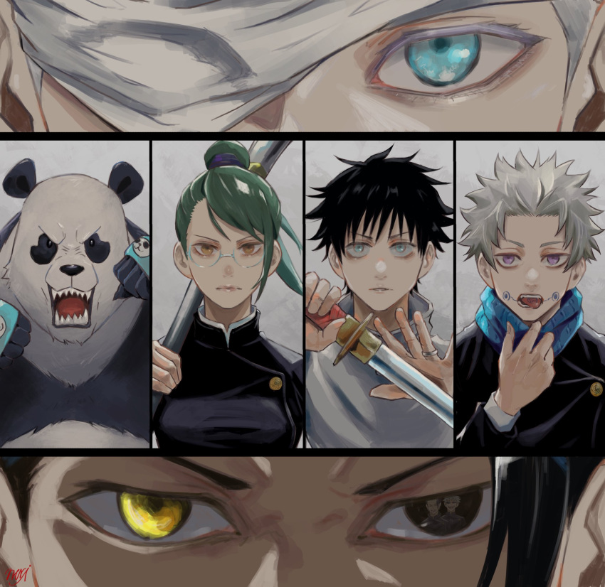 0da7rizm 1girl 4boys animal bandage_over_one_eye bangs black_eyes black_hair black_jacket blue_eyes blue_scarf brown_eyes closed_mouth facial_tattoo getou_suguru glasses gojou_satoru green_hair grey_hair hand_up heterochromia high_ponytail highres holding holding_polearm holding_sword holding_weapon inumaki_toge jacket jewelry jujutsu_kaisen katana long_hair multiple_boys okkotsu_yuuta one_eye_covered open_mouth panda panda_(jujutsu_kaisen) polearm purple_eyes ring scarf short_hair swept_bangs sword tattoo teeth weapon white_jacket yellow_eyes zen'in_maki