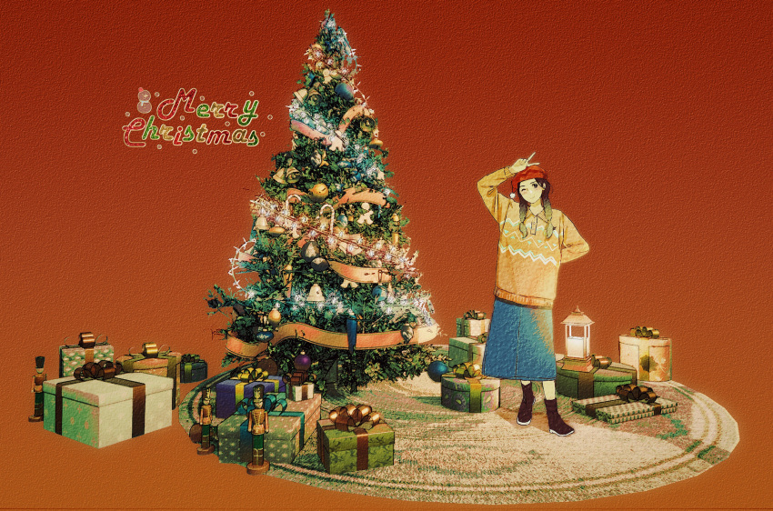 1girl arm_behind_back beige_sweater black_footwear blue_skirt blush boots braid brown_eyes brown_hair carpet chinese_commentary christmas christmas_lights christmas_ornaments christmas_present christmas_tree closed_mouth commentary gift gradient gradient_background hand_up hat highres long_hair long_skirt long_sleeves looking_at_viewer maionese nutcracker one_eye_closed original red_background red_headwear skirt smile solo standing twin_braids twintails v wide_shot