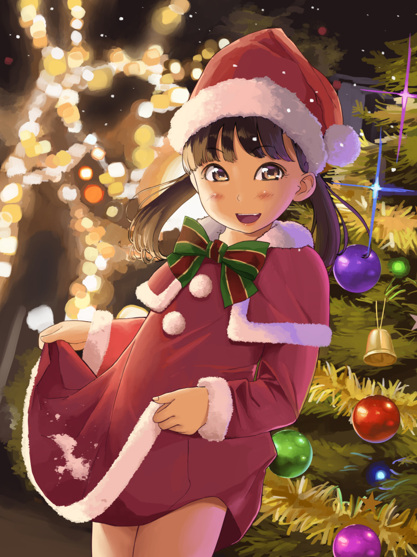 1girl anyannko bangs bauble blunt_bangs christmas christmas_lights christmas_ornaments christmas_tree dress hat highres long_sleeves looking_at_viewer original ornament red_dress red_headwear santa_dress santa_hat skirt_hold smile solo thighs