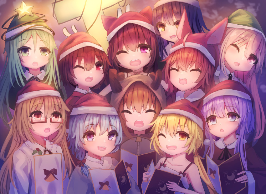 6+girls absurdres ahoge animal_hood black_hair blonde_hair blue_eyes blue_hair brown_eyes brown_hair closed_eyes fumizuki_(kancolle) glasses green_eyes green_hair hat highres hood kantai_collection kikuzuki_(kancolle) kisaragi_(kancolle) logiclr long_hair low_twintails mikazuki_(kancolle) minazuki_(kancolle) mochizuki_(kancolle) multiple_girls mutsuki_(kancolle) nagatsuki_(kancolle) one_eye_closed purple_eyes purple_hair red-framed_eyewear red_eyes reindeer_hood santa_hat satsuki_(kancolle) semi-rimless_eyewear short_hair short_hair_with_long_locks sidelocks twintails under-rim_eyewear uzuki_(kancolle) white_hair yayoi_(kancolle)