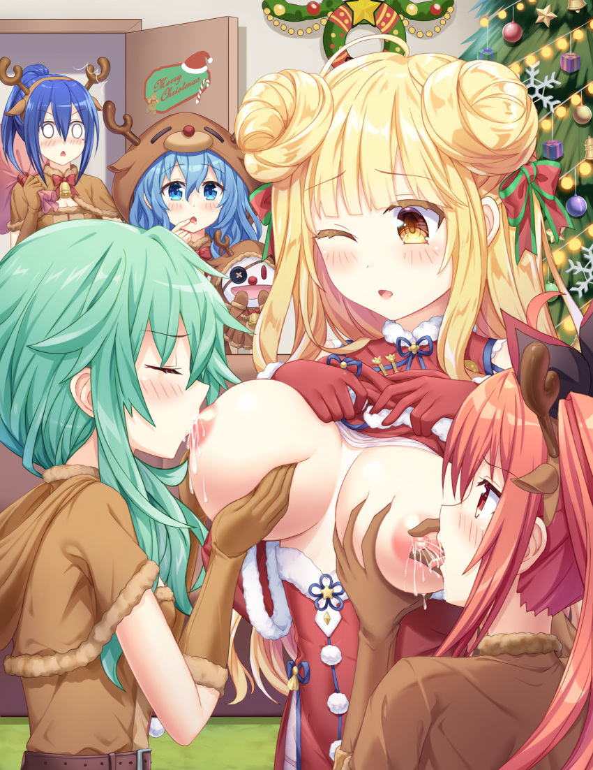 5girls :o ;o animal_costume animal_hair_ornament animal_hood antlers bag bare_shoulders belt blank_eyes blonde_hair blue_eyes blue_hair blush bow breast_fondle breast_grab breast_hold breast_milk breast_squeeze breast_sucking breastfeeding breasts breasts_outside brown_gloves capelet carrying_over_shoulder christmas christmas_ornaments christmas_tree cleavage cleavage_cutout closed_eyes clothing_cutout curly_hair date_a_live detached_sleeves double_bun dress drinking drooling embarrassed facing_another facing_viewer finger_to_mouth fur-trimmed_capelet fur-trimmed_dress fur-trimmed_gloves fur_trim gloves grabbing green_hair hair_bow hair_ribbon hairband hands_on_own_chest highres hood hood_down hood_up hoshimiya_mukuro indoors itsuka_kotori lactation large_breasts long_hair looking_at_another looking_at_viewer looking_down medium_breasts medium_hair merry_christmas mole mole_under_eye multiple_girls natsumi_(date_a_live) nipples no_bra one_eye_closed ponytail red_dress red_eyes red_gloves red_hair reindeer_antlers reindeer_costume ribbon santa_dress size_difference small_breasts staring surprised takamiya_mana tsubasaki twintails two-tone_ribbon very_long_hair wide_sleeves yellow_eyes yoshino_(date_a_live) yoshinon yuri
