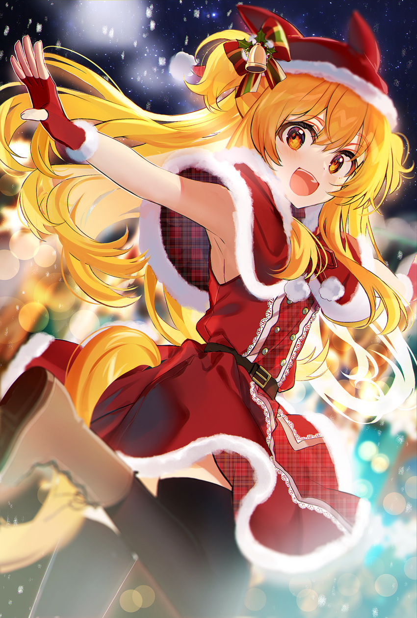 1girl :d alternate_hair_color animal_ears armpits bare_arms bare_shoulders belt black_legwear blonde_hair boots bow capelet christmas dress fake_animal_ears fingerless_gloves fur_trim gloves hair_bow hat highres horse_girl horse_tail kawachi_rin leg_up long_hair looking_at_viewer mayano_top_gun_(umamusume) orange_eyes outstretched_arms red_dress red_gloves red_headwear santa_costume santa_hat sleeveless sleeveless_dress smile solo standing standing_on_one_leg tail thighhighs two_side_up umamusume