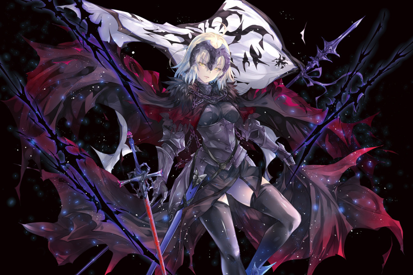 1girl ahoge armor armored_dress artist_name banner black_background black_legwear blonde_hair breasts chain copyright_name fate/grand_order fate_(series) flag gauntlets hair_between_eyes headpiece holding holding_flag holding_sword holding_weapon huge_ahoge jeanne_d'arc_(alter)_(fate) jeanne_d'arc_(fate) kobayashi_yoshitaka looking_at_viewer medium_hair scabbard sheath silver_hair simple_background smirk solo sword thighhighs weapon yellow_eyes zettai_ryouiki