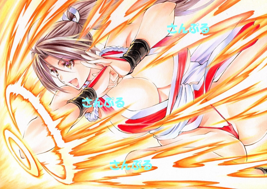 1girl :d breasts brown_eyes brown_hair elbowing fatal_fury from_side highleg highleg_panties large_breasts marker_(medium) ninja panties pelvic_curtain ponytail red_panties revealing_clothes rope shiranui_mai smile solo the_king_of_fighters traditional_media underwear wristband yqgkg