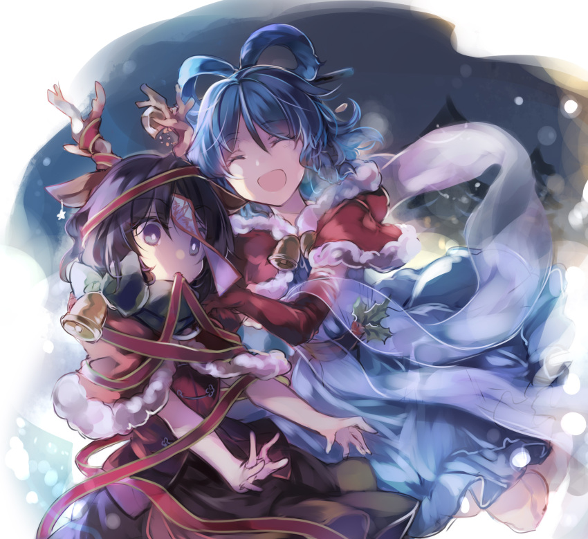 2girls :d bell black_skirt blue_dress blue_hair bright_pupils capelet chinese_clothes chisel closed_eyes deer_antlers dress elbow_gloves gloves hair_ornament hair_rings hair_stick highres holding_person kaku_seiga kutsuki_kai miyako_yoshika multiple_girls open_mouth outstretched_arms purple_eyes purple_hair red_capelet red_gloves shawl skirt smile star_(symbol) tangzhuang touhou white_pupils