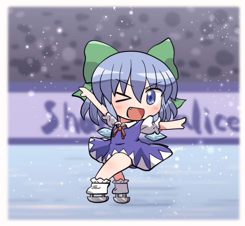 1girl bangs blue_dress blue_eyes blunt_bangs blush bow cirno collared_shirt detached_wings dress eyebrows_visible_through_hair fairy fang full_body green_bow hair_between_eyes hair_bow ice ice_skates ice_skating ice_wings one_eye_closed open_mouth puffy_short_sleeves puffy_sleeves rokugou_daisuke shirt short_hair short_sleeves signature skates skating smile solo touhou white_shirt wings