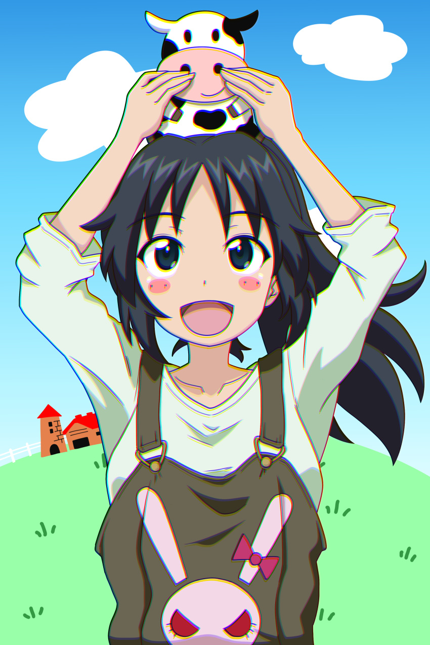 1girl :d absurdres alternate_hairstyle animal_on_head arms_up bangs barn black_eyes black_hair blue_sky blush_stickers brown_overalls bunny cloud cloudy_sky commentary cow day emblem freckles girls_und_panzer gogopaint green_shirt hair_up highres long_hair long_sleeves looking_at_viewer official_alternate_costume on_head open_mouth outdoors overalls ponytail shirt sky smile solo upper_body yamagou_ayumi