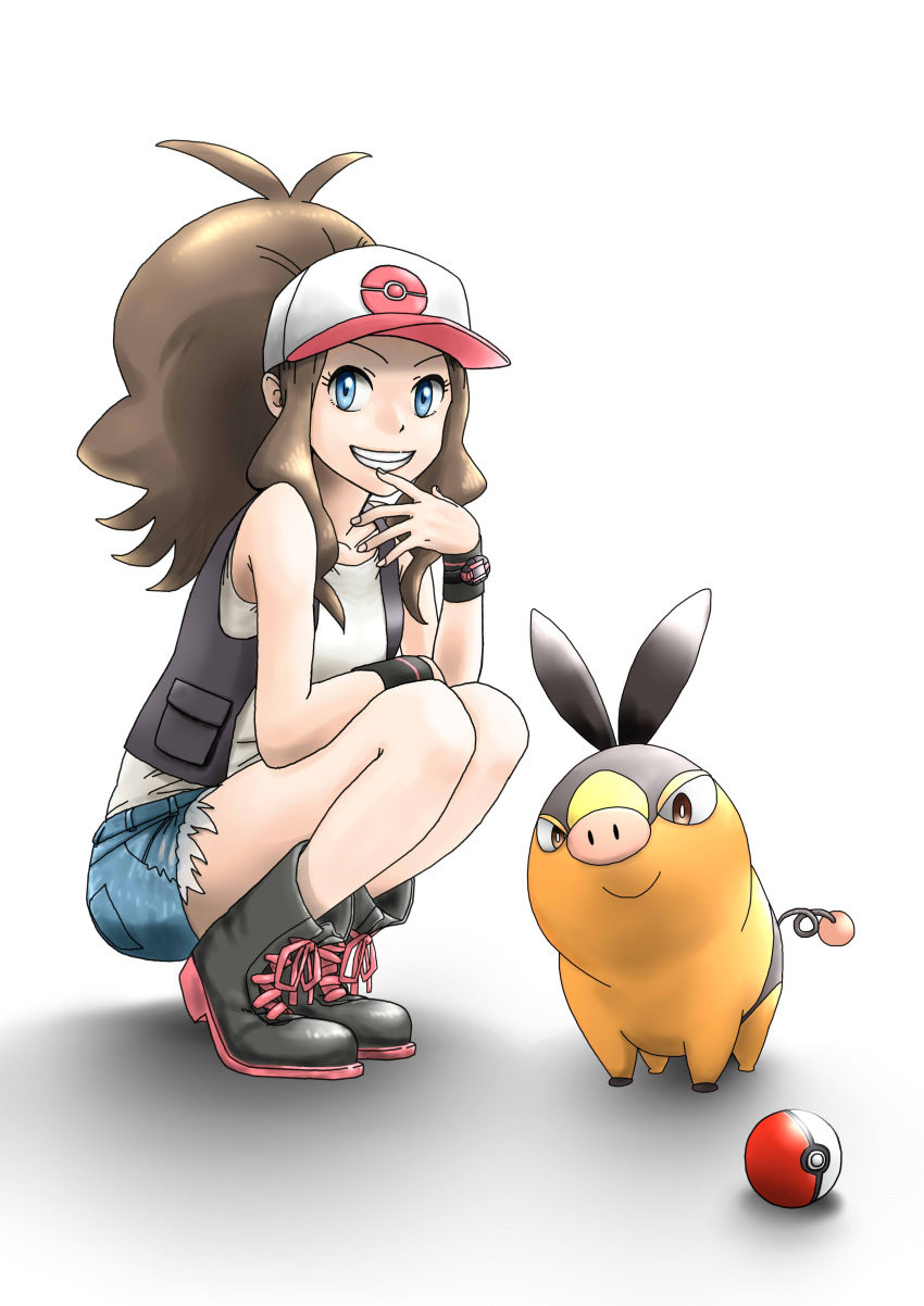 1girl absurdres baseball_cap blue_eyes brown_hair denim denim_shorts full_body hat highres hilda_(pokemon) long_hair looking_at_viewer nabe_saori pokemon pokemon_(creature) pokemon_(game) pokemon_bw ponytail shorts simple_background smile tepig vest white_background wristband