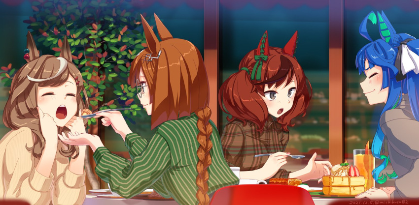 4girls ahoge animal_ears blush braid braided_ponytail brown_hair brown_sweater cake closed_eyes closed_mouth collared_shirt commentary_request cup dated ear_covers elbows_on_table feeding food glasses green_shirt grey_eyes hair_ornament hairclip highres holding holding_spoon horse_ears ikuno_dictus_(umamusume) long_hair long_sleeves matikane_tannhauser_(umamusume) medium_hair multicolored_hair multiple_girls nice_nature_(umamusume) open_mouth outdoors plaid plaid_shirt plant plate round_eyewear shirt sitting smile spoon streaked_hair sweater table takuzui twin_turbo_(umamusume) twintails twitter_username umamusume wavy_mouth window