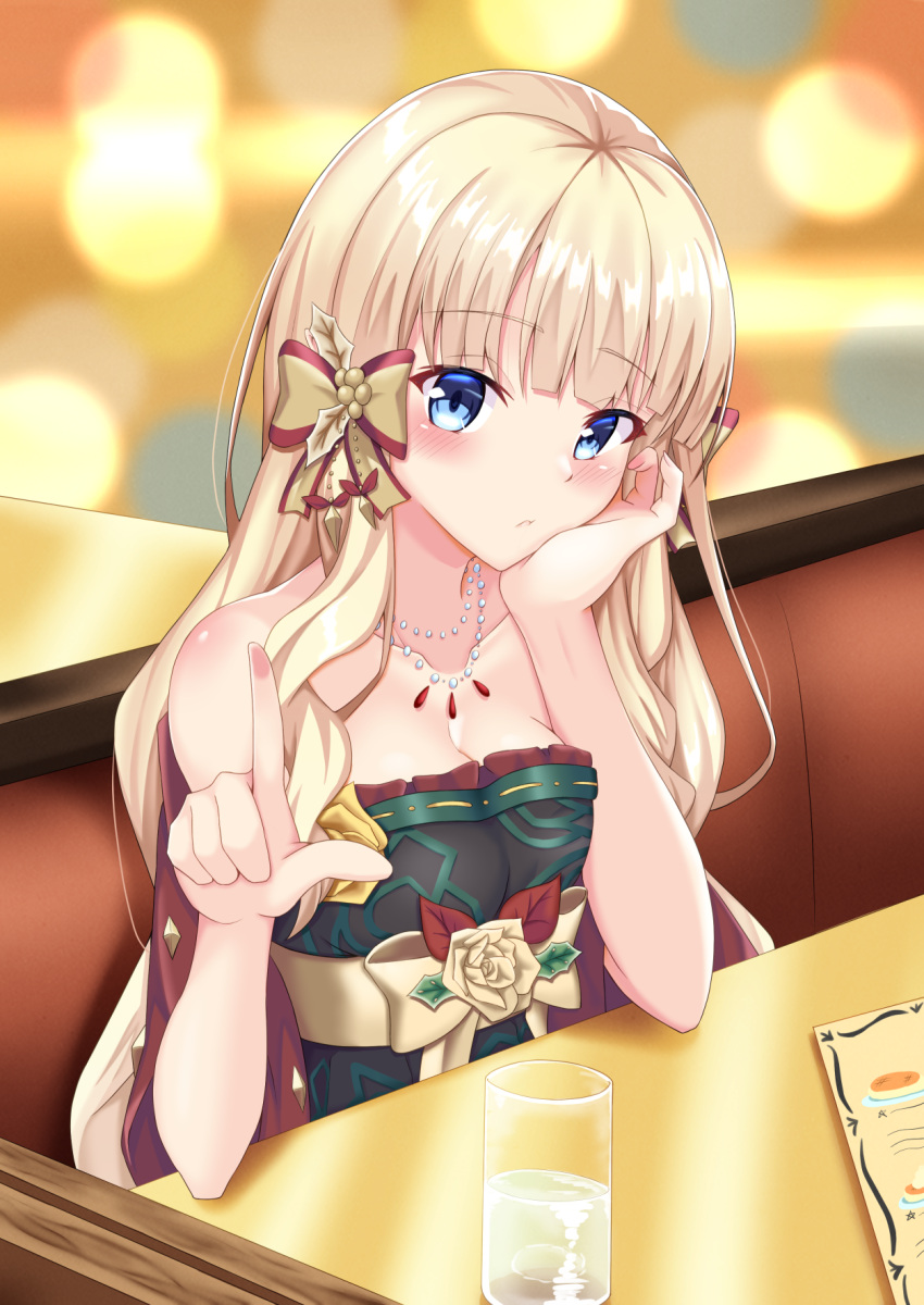 1girl :t bangs bare_arms bare_shoulders blonde_hair blue_eyes blush bow breasts brown_bow christmas cleavage closed_mouth collarbone couch cup dress drinking_glass eyebrows_visible_through_hair from_outside hair_bow hands_up highres iseshi jewelry long_hair looking_at_viewer medium_breasts necklace on_couch princess_connect! red_dress saren_(princess_connect!) solo strapless strapless_dress table very_long_hair water