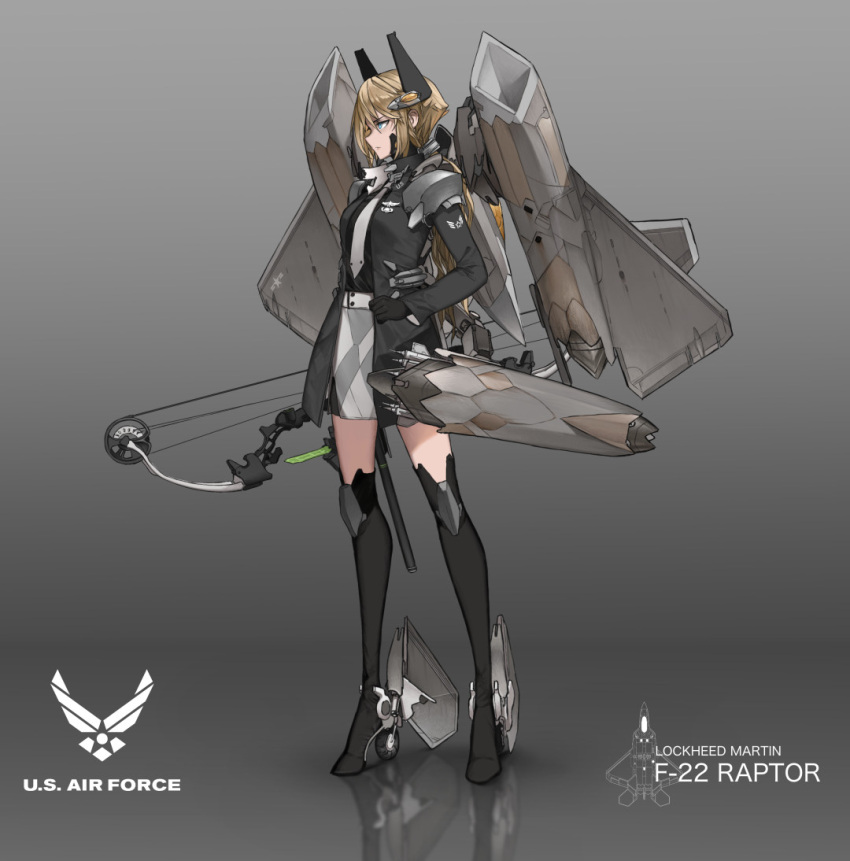 1girl bangs black_gloves blue_eyes boots bow_(weapon) breasts compound_bow dishwasher1910 f-22_raptor full_body gloves headgear high_heel_boots high_heels light_brown_hair lockheed_martin long_hair necktie original personification reflection sidelocks skirt solo thigh_boots thighhighs very_long_hair weapon zettai_ryouiki