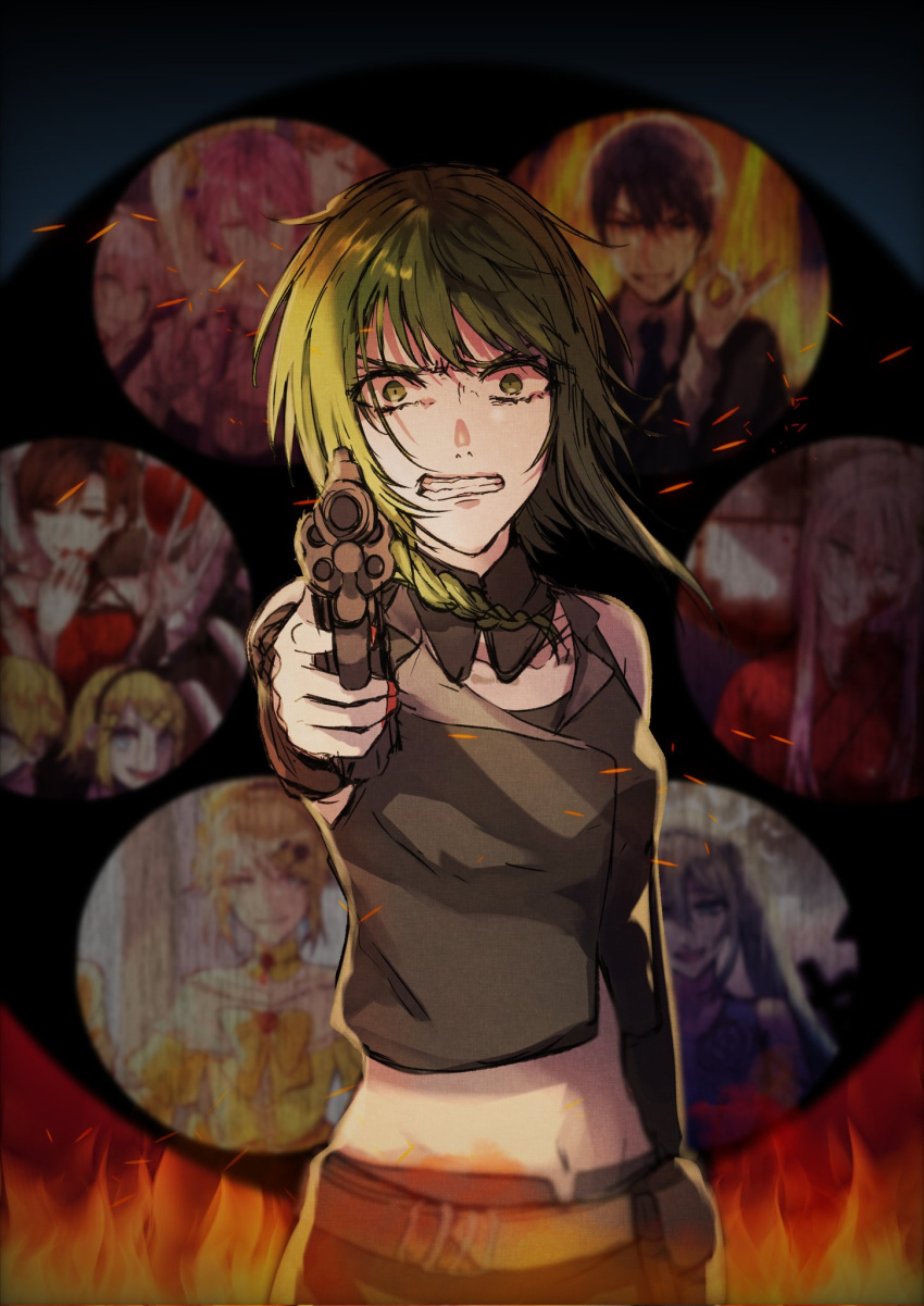 1girl aiming_at_viewer angry bare_shoulders clenched_teeth constricted_pupils detached_collar embers evillious_nendaiki fire frown furious glaring green_eyes green_hair grey_jacket gumi gun highres holding holding_gun holding_weapon holster jacket midriff navel nemesis_no_juukou_(vocaloid) nemesis_sudou pointing pointing_at_viewer red_nails revolver side_ponytail sleeveless sleeveless_jacket solo_focus teeth vocaloid warabi_(danngo-mitarasi) weapon