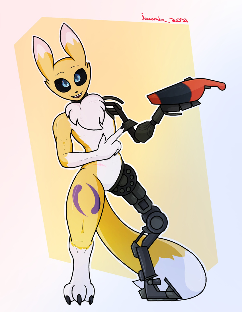 3_fingers ambiguous_gender anthro bandai_namco bionics blue_eyes claws cleaning_tool digimon digimon_(species) fingers fur hi_res humanoid iwondery male prosthetic prosthetic_limb renamon scar solo solo_focus vacuum_cleaner yellow_body yellow_fur