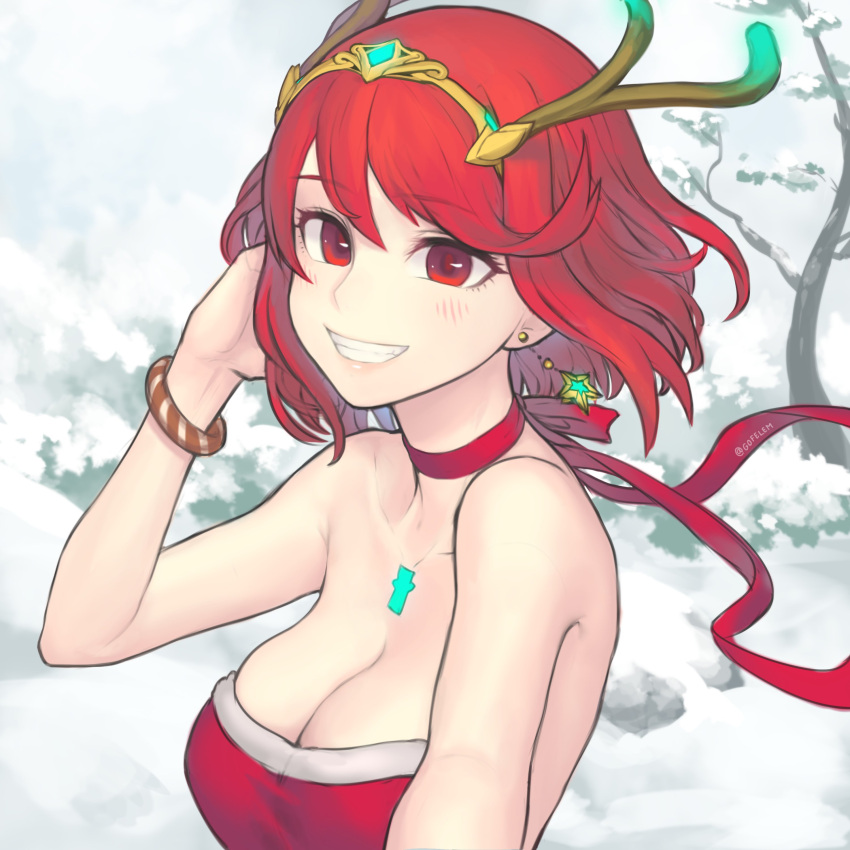 absurdres antler_ornament bangs breasts chest_jewel christmas cleavage earrings gem gofelem headpiece highres jewelry large_breasts pyra_(xenoblade) red_eyes red_hair santa_dress short_hair smile snow swept_bangs xenoblade_chronicles_(series) xenoblade_chronicles_2