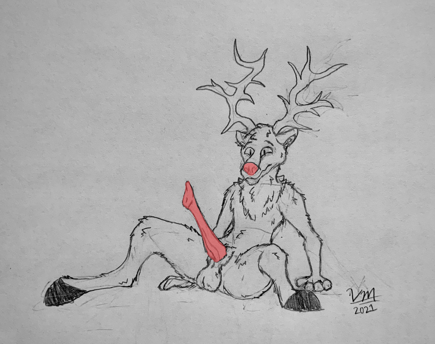 anthro antlers balls black_and_white capreoline cervid concerned erection genitals graphite_(artwork) hi_res hooves horn looking_down male mammal monochrome on_ground pencil_(artwork) penis red_nose red_penis reindeer rudolph_the_red_nosed_reindeer sitting_up solo traditional_media_(artwork) vike_mike