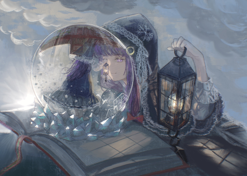 2girls absurdres alternate_costume bangs black_cloak blunt_bangs book christmas cloak clone closed_mouth cloud commentary crystal highres holding holding_lantern hood hooded_cloak lantern looking_at_another low_tied_hair multiple_girls open_book outdoors patchouli_knowledge purple_eyes purple_hair sly930105 smile snow snow_globe touhou