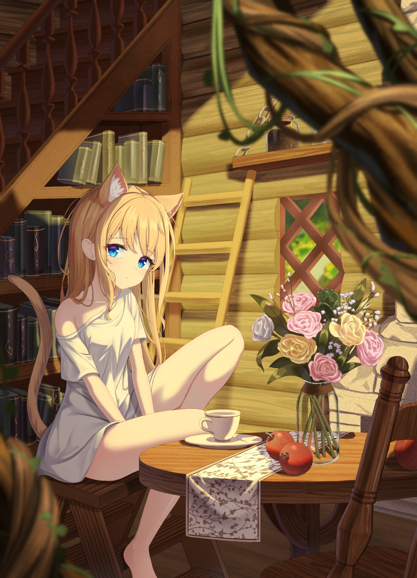 1girl absurdres animal_ear_fluff animal_ears apple barefoot blonde_hair blue_eyes book bookshelf cat_ears cat_girl cat_tail chair cup flower food fruit highres indoors knee_up ladder legs long_hair monmo_mu naked_shirt no_pants off_shoulder original saucer shirt sitting solo t-shirt table tail teacup thighs vase white_shirt