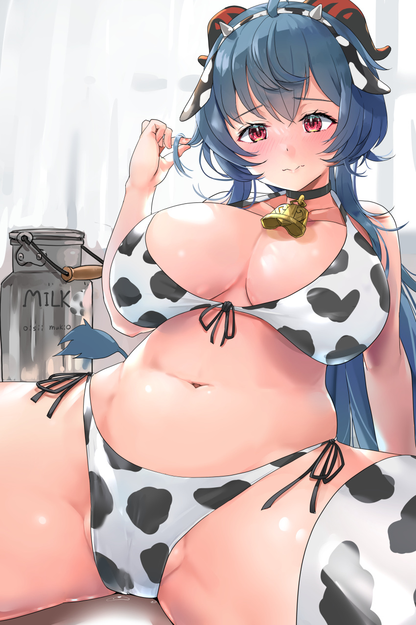 1girl absurdres ahoge animal_ears animal_print bangs bell bikini blue_hair blush bottle breasts cleavage closed_mouth collarbone commentary_request cow_ears cow_girl cow_hair_ornament cow_horns cow_print cow_tail cowbell embarrassed eyebrows_visible_through_hair ganyu_(genshin_impact) genshin_impact hair_between_eyes highres horns kntrs_(knyrs) large_breasts long_hair looking_at_viewer milk_bottle navel neck_bell partially_visible_vulva print_bikini red_eyes side-tie_bikini solo spread_legs swimsuit tail thighhighs thighs white_bikini window