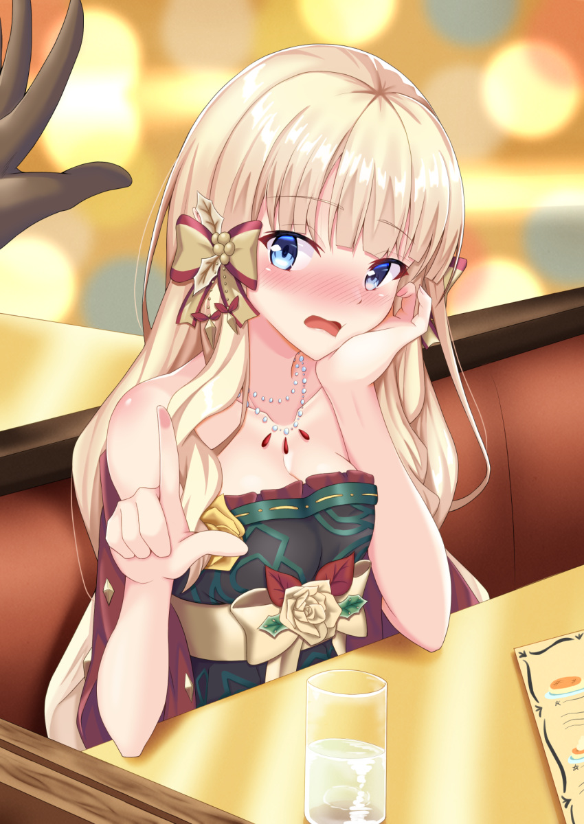 1girl 1other bangs bare_arms bare_shoulders blonde_hair blue_eyes blush bow breasts brown_bow brown_gloves christmas cleavage collarbone couch cup dress drinking_glass eyebrows_visible_through_hair from_outside gloves hair_bow hands_up highres iseshi jewelry long_hair looking_at_viewer medium_breasts necklace nose_blush on_couch open_mouth princess_connect! red_dress saren_(princess_connect!) solo_focus strapless strapless_dress table very_long_hair water wavy_mouth