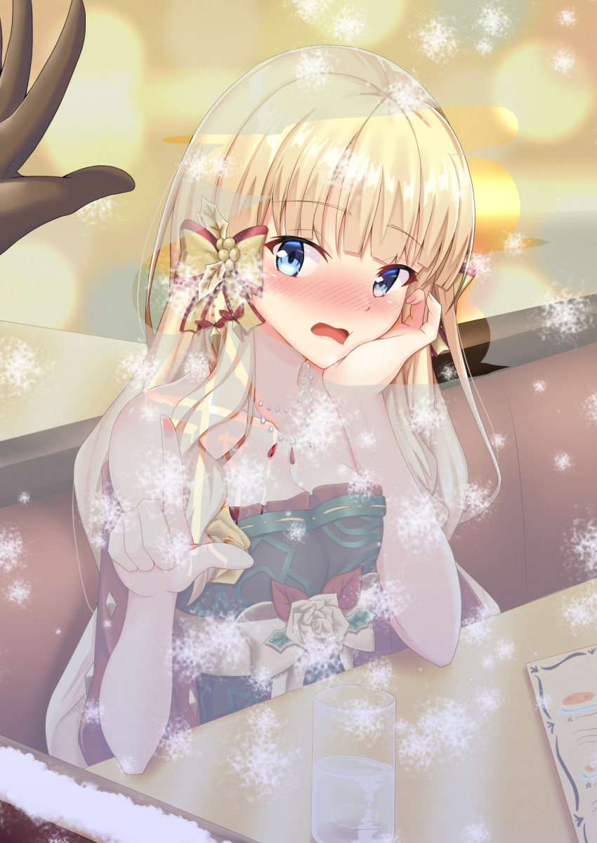 1girl 1other bangs bare_arms bare_shoulders blonde_hair blue_eyes blush bow breasts brown_bow brown_gloves christmas cleavage collarbone couch cup dress drinking_glass eyebrows_visible_through_hair from_outside gloves hair_bow hands_up highres iseshi jewelry long_hair looking_at_viewer medium_breasts necklace nose_blush on_couch open_mouth princess_connect! red_dress saren_(princess_connect!) solo_focus strapless strapless_dress table very_long_hair water wavy_mouth window_fog