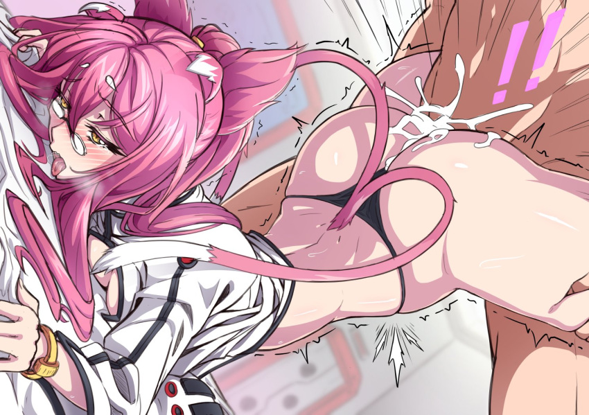 ! 1boy 1girl animal_ears ass bed_sheet blazblue blush bracelet breasts cat_ears cleavage clothed_female_nude_male cum doorway dutch_angle ejaculation eyelashes hair_ears heavy_breathing hetero indoors jacket jewelry kokonoe_(blazblue) long_hair medium_breasts multiple_tails nose_blush nude on_bed open_clothes open_jacket open_mouth pince-nez pink_hair ponytail sex sex_from_behind sheet_grab sidelocks t-back tail thighs tongue tongue_out top-down_bottom-up two_tails vermillion_dice wavy_mouth wheelbarrow_pose white_jacket yellow_eyes