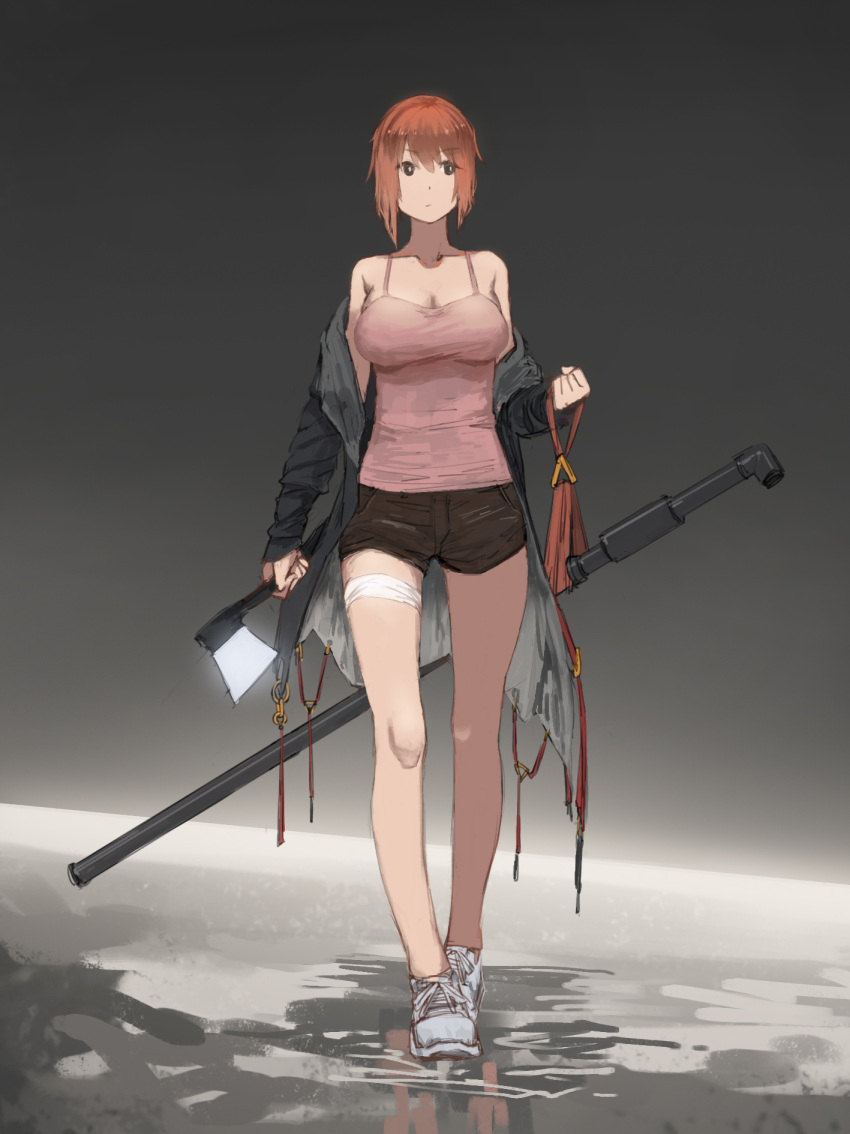 1girl axe bangs black_eyes breasts cleavage danzir highres holding holding_weapon jacket large_breasts looking_away medium_hair original pipe puddle red_hair reflection shoes short_shorts shorts solo standing weapon