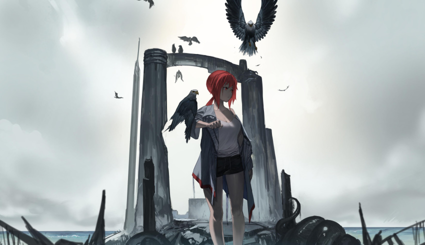 1girl absurdres bird breasts cleavage cloud cloudy_sky coat danzir highres horizon large_breasts long_hair looking_away original ponytail red_eyes red_hair scenery shorts sky solo standing thighs