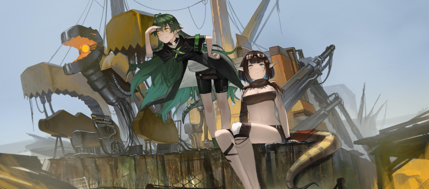 2girls absurdres arknights bangs black_hair breasts cleavage closed_mouth danzir day desert eunectes_(arknights) gavial_(arknights) goggles goggles_on_head green_hair hair_ornament hand_on_hip highres large_breasts long_hair looking_up machinery medium_hair midriff multiple_girls navel open_mouth pointy_ears scenery sitting sky standing tail thighs wire yellow_eyes