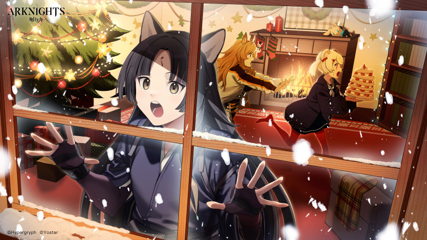 3girls absurdres amiya_(arknights) animal_ears arknights bangs bear_ears black_hair black_jacket black_kimono black_skirt blonde_hair book bookshelf box brown_eyes brown_hair campfire ceobe_(arknights) character_doll chasing christmas_tree dog_ears feb_itk fingerless_gloves food fruit gift gift_box gloves gummy_(arknights) highres holding holding_food jacket japanese_clothes kimono long_hair miniskirt multiple_girls official_art open_mouth pancake pantyhose purple_gloves red_legwear running saga_(arknights) skirt skirt_set snowing strawberry upper_body window