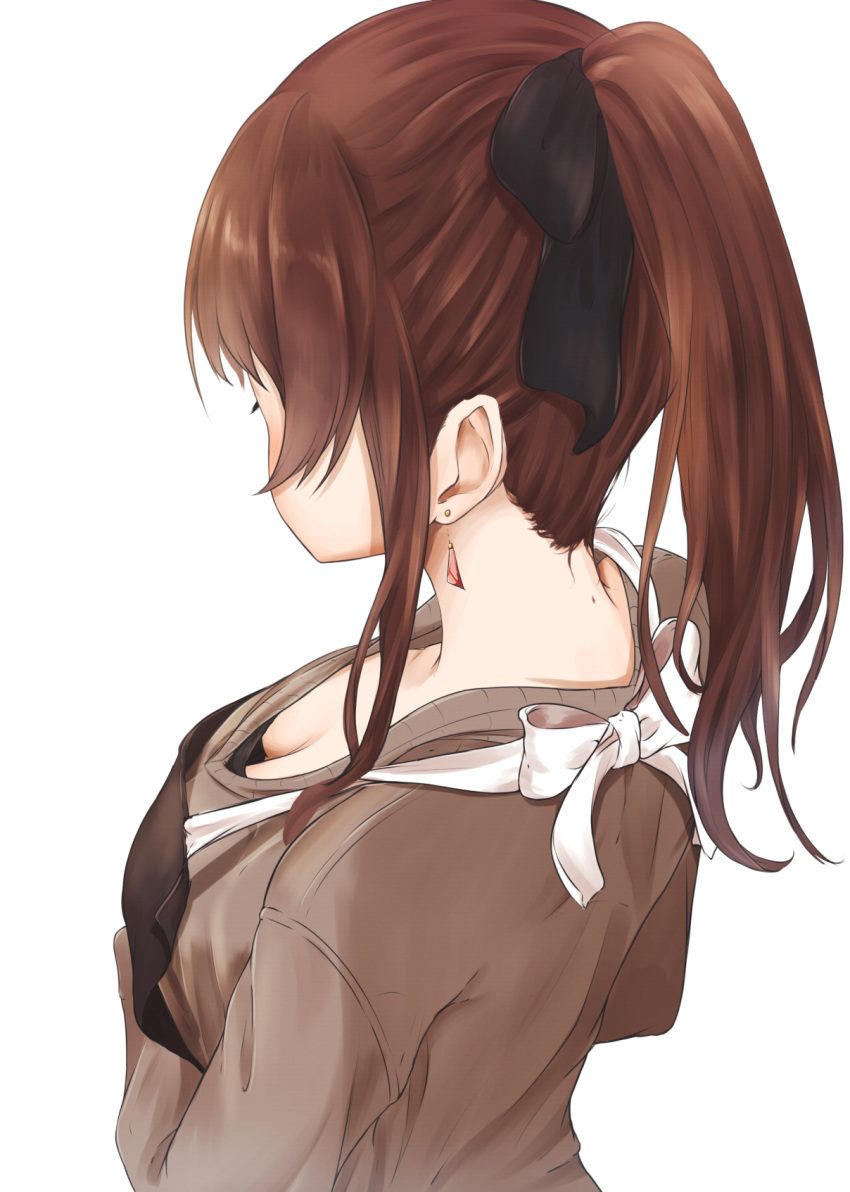 1girl apron black_bra bow bra breasts brown_hair cleavage commentary_request earrings from_above from_behind hair_bow highres idolmaster idolmaster_million_live! izuminnu jewelry long_hair medium_breasts nape ponytail satake_minako simple_background solo underwear upper_body white_background