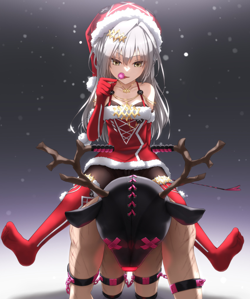 1boy 1girl all_fours antlers bangs bare_shoulders bdsm black_legwear candy elbow_gloves facing_viewer femdom food fur_trim gimp_mask gloves grey_hair hat highres jewelry lollipop long_hair looking_at_another mask necklace nm_(tshell2761) original pantyhose pony_play santa_dress santa_hat snowing straddling whip_marks yellow_eyes