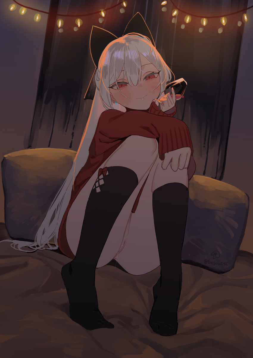 1girl absurdres bangs bed_sheet beijuu black_legwear blush bow censored closed_mouth cup drinking_glass earrings full_body girls'_frontline hair_between_eyes hair_bow half-closed_eyes highres holding holding_cup indoors jewelry kneehighs knees_up long_hair looking_at_viewer mosaic_censoring no_shoes pillow pussy pussy_juice pussy_juice_trail red_eyes red_sweater silver_hair sitting sleeves_past_wrists smile solo string_of_light_bulbs stud_earrings sweater tokarev_(girls'_frontline) twitter_username