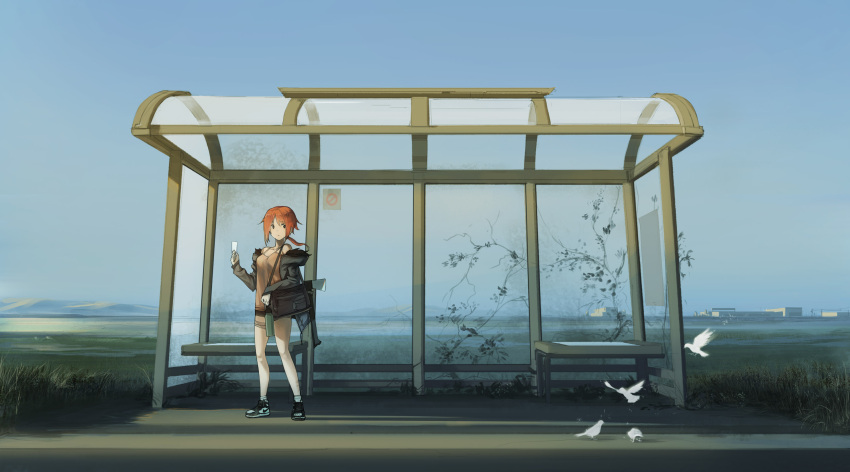 1girl bag bangs bird black_eyes breasts bus_stop city danzir grass handbag highres holding horizon lake large_breasts looking_away medium_hair original red_hair scenery shoes shorts sidewalk sky socks solo standing thighs white_legwear