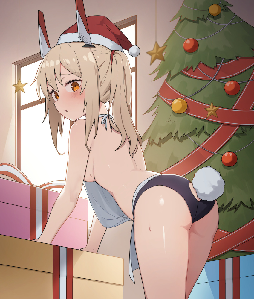 1girl absurdres apron ass ass_cutout ayanami_(azur_lane) azur_lane backless_panties bangs black_panties blonde_hair blush box breasts check_commentary christmas christmas_tree clothing_cutout commentary commentary_request eyebrows_visible_through_hair from_behind gift gift_box hair_between_eyes hat headgear highres indoors leaning_forward long_hair looking_at_viewer looking_back manglifer medium_breasts nearly_naked_apron orange_eyes panties ponytail rabbit_tail santa_hat sideboob sidelocks solo star_(symbol) sweat tail tail_cutout thighs underwear window