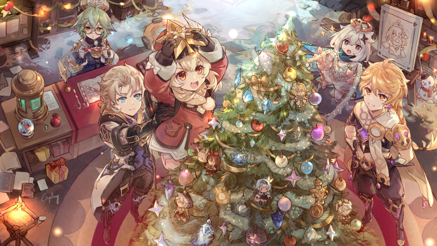 3boys 3girls :d aether_(genshin_impact) ahoge albedo_(genshin_impact) amber_(genshin_impact) bench bennett_(genshin_impact) blonde_hair box braid braided_ponytail candy candy_cane canvas_(object) christmas_ornaments christmas_tree commentary crystal crystal_ball csyday eula_(genshin_impact) food genshin_impact gift gift_box glasses grin hair_between_eyes hair_ornament indoors klee_(genshin_impact) lifting_person light_blue_eyes light_brown_hair light_purple_eyes long_braid lumine_(genshin_impact) multiple_boys multiple_girls open_mouth orange_eyes paimon_(genshin_impact) painting paper pocket quill razor_(genshin_impact) signature silver_hair smile snow snowman sparkle star_(symbol) star_hair_ornament sucrose_(genshin_impact) sweatdrop torch writing yellow_eyes