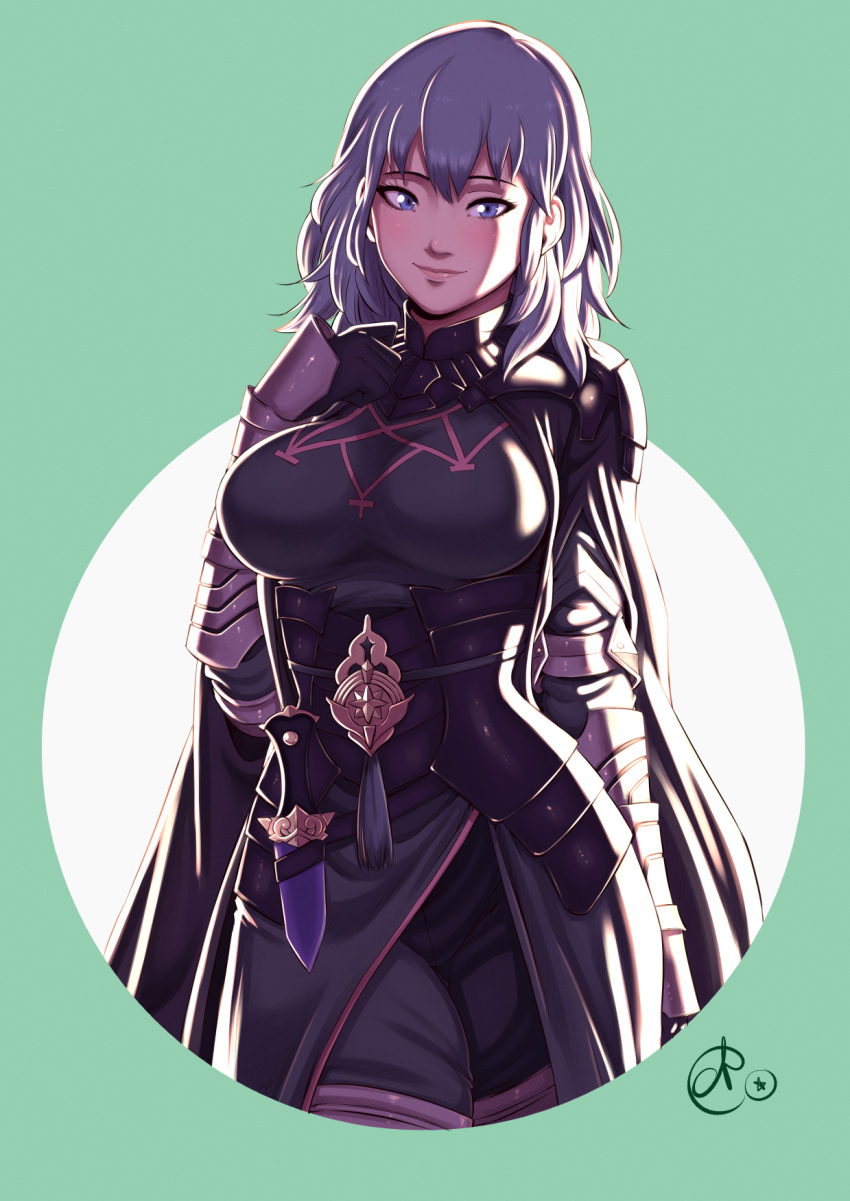 1girl alternate_costume benoit_picard black_shorts blue_eyes blue_hair breasts byleth_(fire_emblem) byleth_(fire_emblem)_(female) byleth_(fire_emblem)_(male) byleth_(fire_emblem)_(male)_(cosplay) cosplay cowboy_shot dagger fire_emblem fire_emblem:_three_houses framed_breasts highres knife large_breasts looking_at_viewer shorts smile solo underbust weapon