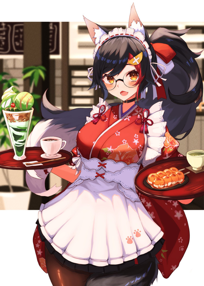 1girl animal_ear_fluff animal_ears apron bangs black_hair black_skirt blurry blurry_background blush breasts brown_legwear cherry coffee_cup commentary cowboy_shot cup dango disposable_cup eyebrows_visible_through_hair fang floating_hair floral_print flower_knot food fruit glasses hair_ornament highres holding holding_tray hololive ice_cream inre_kemomimi japanese_clothes kimono long_hair looking_at_viewer maid_apron maid_headdress medium_breasts miniskirt mitarashi_dango multicolored_hair official_alternate_costume ookami_mio open_mouth orange_eyes pantyhose paw_print paw_print_pattern pleated_skirt ponytail red_hair red_kimono round_eyewear skirt smile solo standing streaked_hair sundae swept_bangs tail tail_around_leg teacup tray underbust virtual_youtuber wagashi whipped_cream white_hair wolf_ears wolf_girl wolf_tail