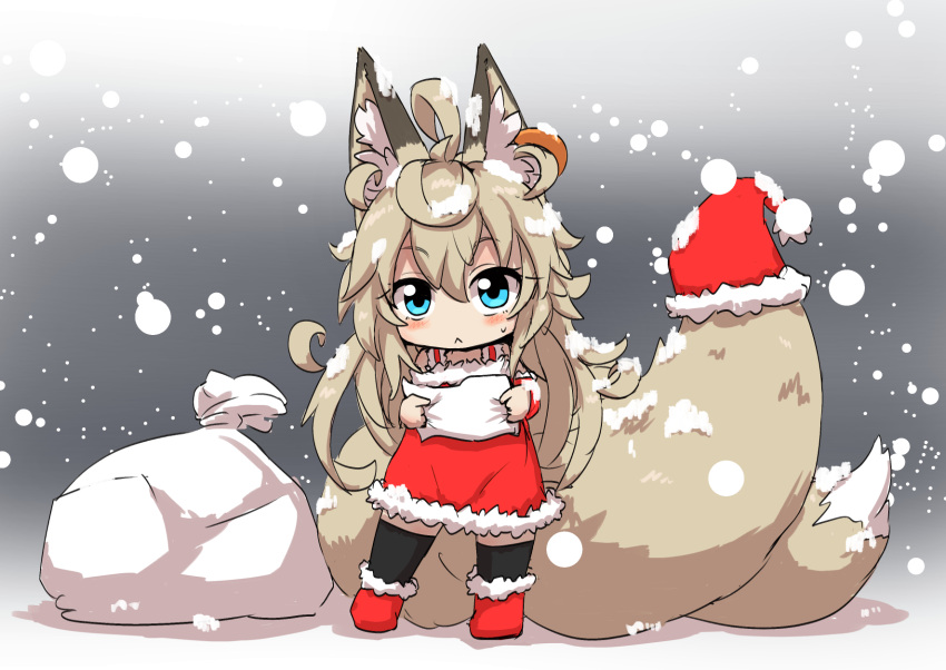 1girl :&lt; ahoge animal_ear_fluff animal_ears bag bangs black_legwear blue_eyes blush boots dress earrings eyebrows_visible_through_hair fox_ears fox_girl fox_tail full_body hair_between_eyes hat hat_on_tail highres jewelry kazekiri kitsune light_brown_hair long_hair looking_at_viewer multiple_tails original red_dress red_footwear santa_boots santa_costume santa_dress santa_hat short_dress simple_background snow solo standing tail thighhighs zettai_ryouiki