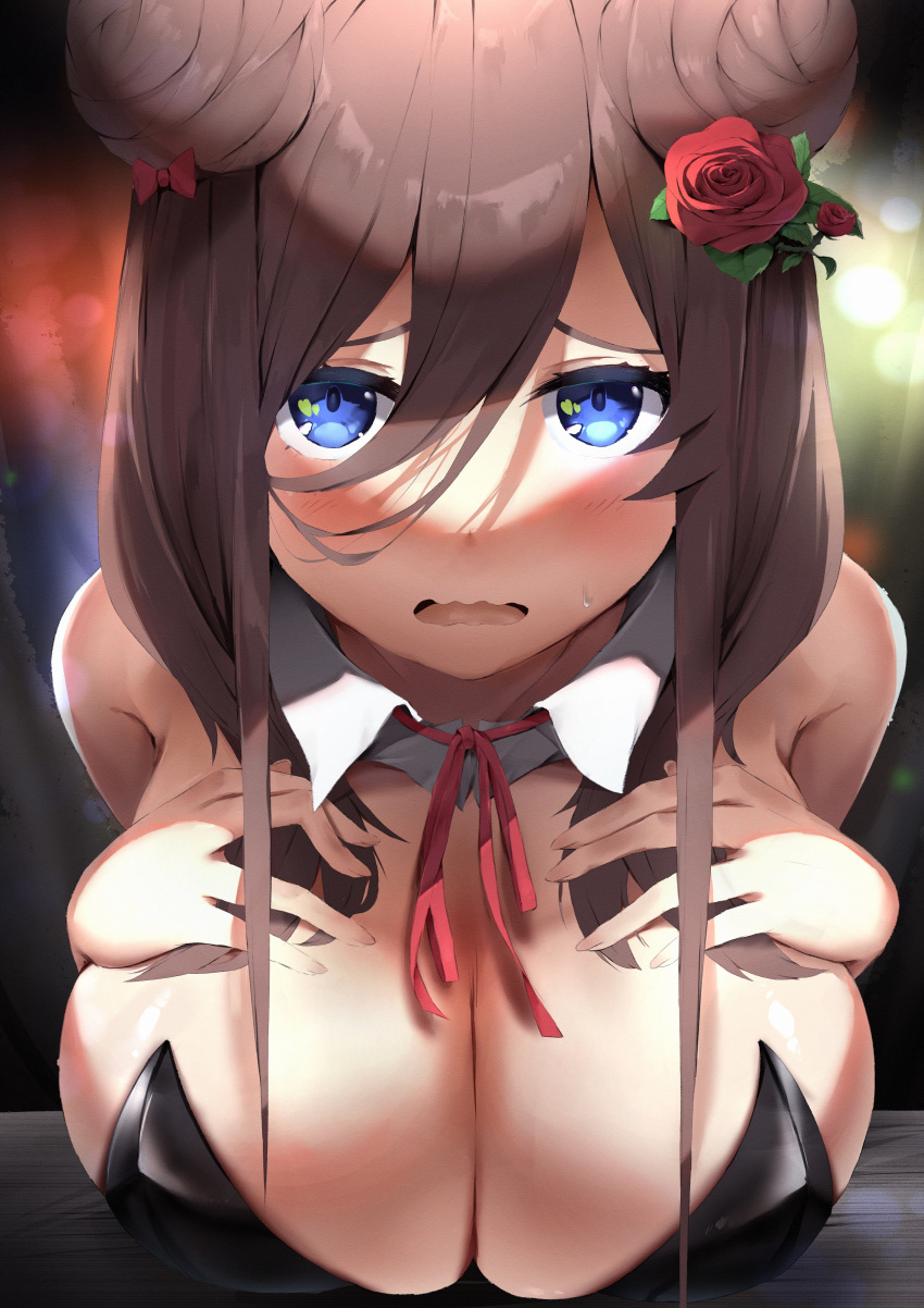 1girl absurdres blue_eyes blurry blurry_background blush breasts brown_hair cleavage double_bun flower go-toubun_no_hanayome hair_between_eyes hand_on_own_chest highres honehone_(xsnk8483) large_breasts long_hair nakano_miku nervous playboy_bunny rose solo