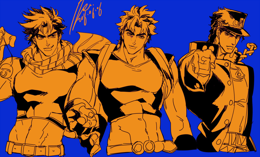 3boys blue_background bola_(weapon) hat highres jojo_no_kimyou_na_bouken jonathan_joestar joseph_joestar joseph_joestar_(young) kujo_jotaro looking_at_viewer midriff monochrome multiple_boys nanase_(7sepdr) pointing pointing_at_viewer scarf smile striped striped_scarf