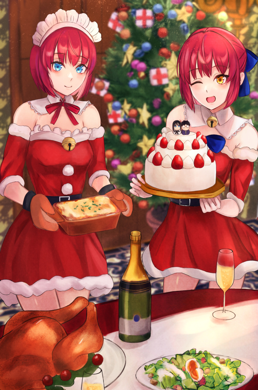2girls absurdres alternate_costume bangs bare_shoulders bell belt belt_buckle black_belt blue_bow blue_eyes bow buckle cake champagne_bottle champagne_flute character_doll christmas christmas_ornaments christmas_tree closed_mouth commentary_request cup detached_collar detached_sleeves doll dress drinking_glass eyebrows_visible_through_hair food fur-trimmed_dress fur-trimmed_sleeves fur_trim hair_between_eyes hair_bow half_updo highres hisui_(tsukihime) indoors jingle_bell klash kohaku_(tsukihime) looking_at_viewer maid maid_headdress mittens multiple_girls neck_bell neck_ribbon one_eye_closed open_mouth plate red_dress red_hair red_ribbon red_sleeves ribbon salad short_hair siblings sisters smile strapless strapless_dress table tohno_akiha tohno_shiki tongue tsukihime tsukihime_(remake) turkey_(food) twins yellow_eyes